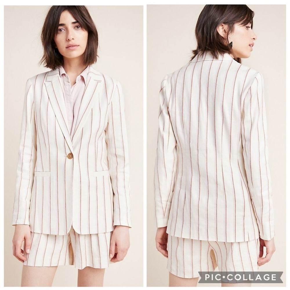 Anthropologie Edisto Cream & Pink Pinstripe Linen Blend Blazer Size 4